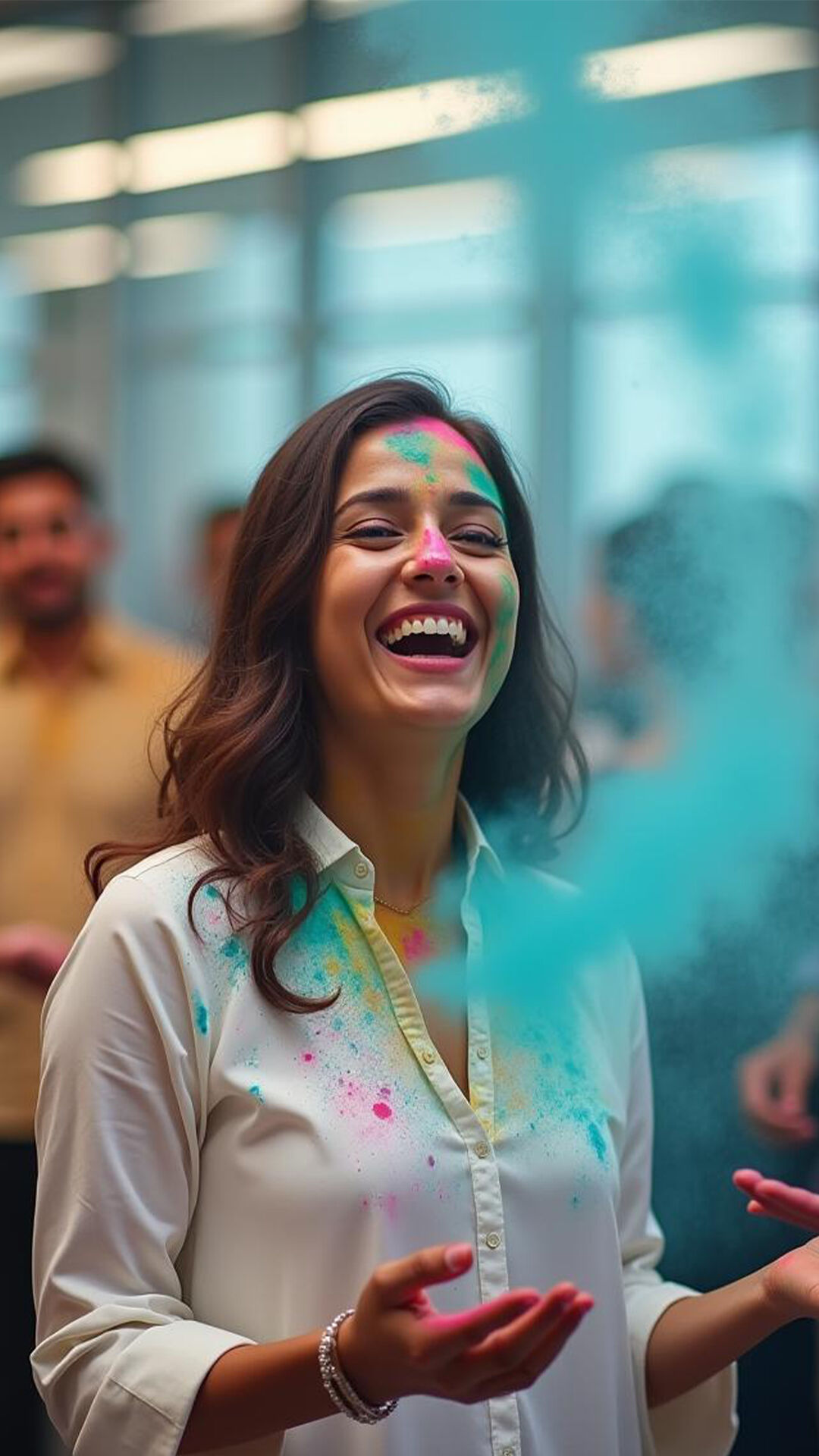 women enjoying holi with colours in office